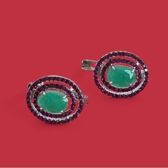 925 Sterling Silver Earrings 11x13mm with Natural Emerald & Ruby Gemstone - Picture 2 of 2